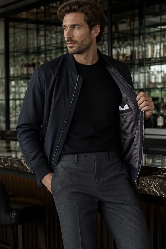 A bomber jacket with a subtle satin lining is worn over a black crewneck. Charcoal trousers sit tailored at the ankle, and a white pocket square peeks from the bomber's interior pocket. The scene is a modern bar with reflective glass behind.