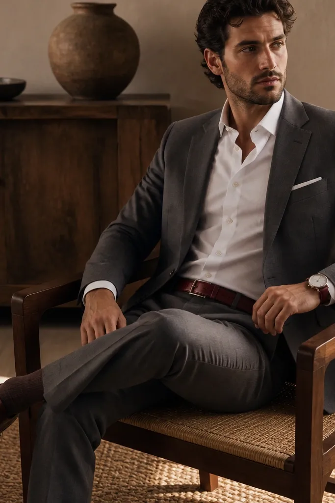An oxblood leather belt and oxblood dress shoes with matching leather strap watch. The outfit is a muted gray suit with a white shirt, and the lighting is warm, highlighting the leather grain.