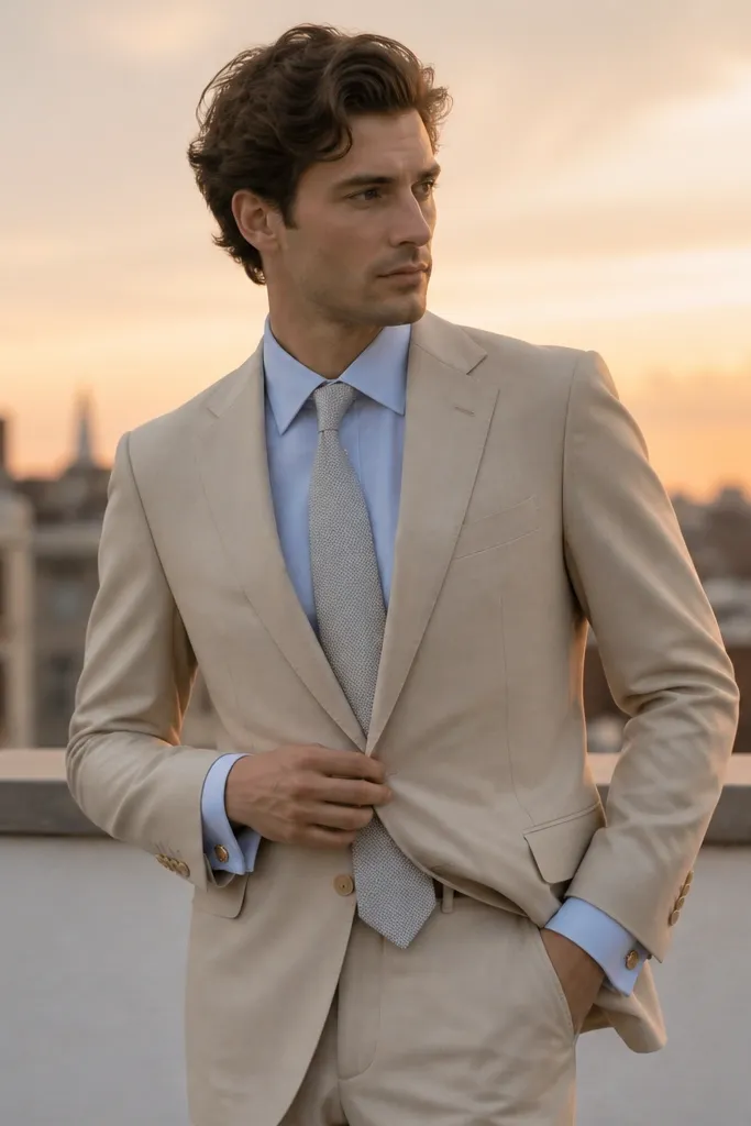 A sand beige suit with a pastel blue dress shirt. Gold cuff links are visible at the cuffs, and the tie is light gray with a subtle texture. The background is a rooftop with soft sunset light.