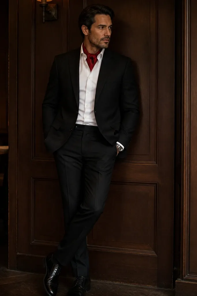 A classic black suit with a white dress shirt and a red silk scarf tied at the neck like a small ascot. The man has black dress shoes and a silver watch, posed in front of a candlelit restaurant wall with dark wood.