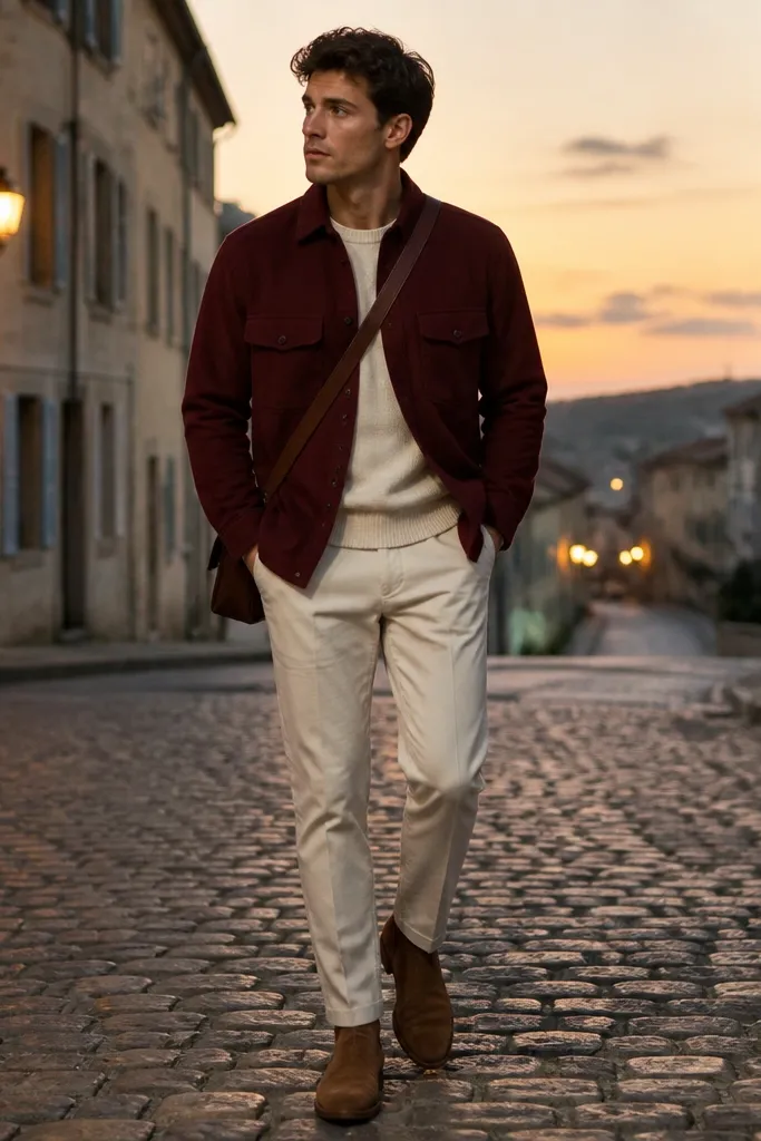 A burgundy overshirt layered over a cream knit. Cream chinos are neatly tailored, and suede desert boots in dark tan sit on a cobblestone street at dusk. A leather crossbody bag strap is visible.