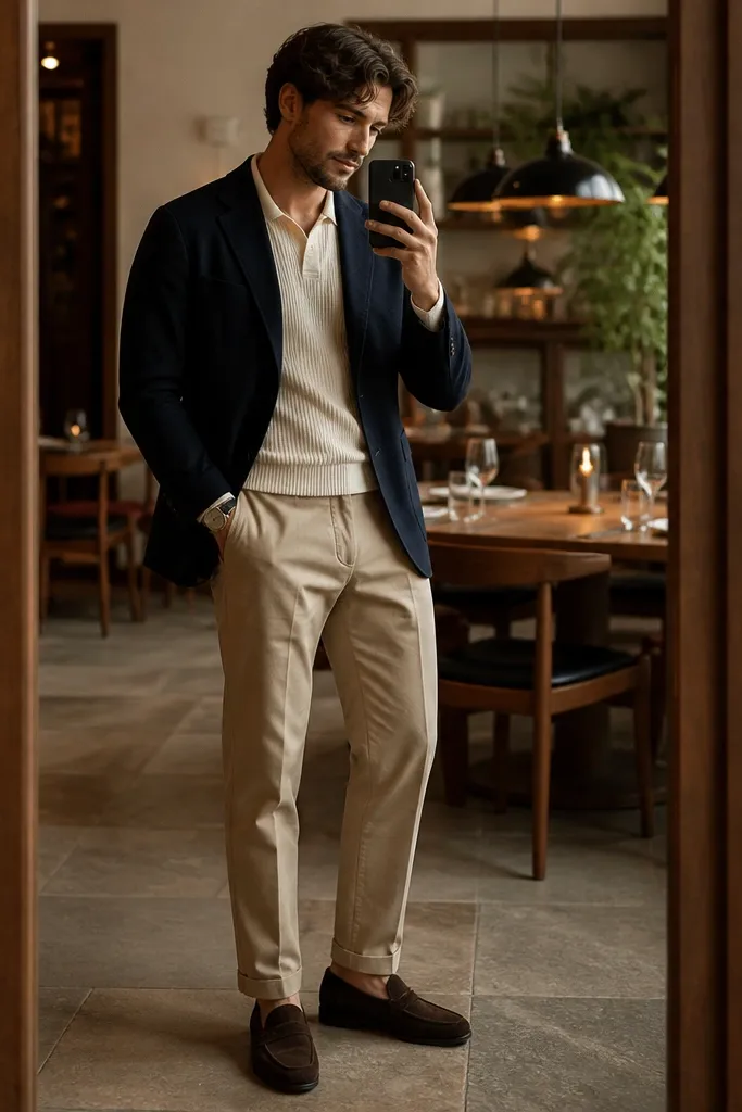 A man wearing a navy unstructured blazer over a cream ribbed knit polo, paired with sand chinos and dark brown loafers; a minimal silver watch on the wrist; clean mirror selfie in warm restaurant lighting.