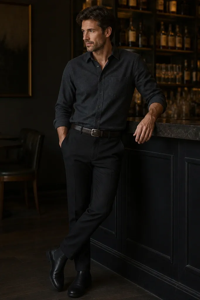 A charcoal flannel button-down shirt worn untucked over tailored black trousers, with a dark leather belt and black Chelsea boots; the lighting is moody, like a cocktail bar.