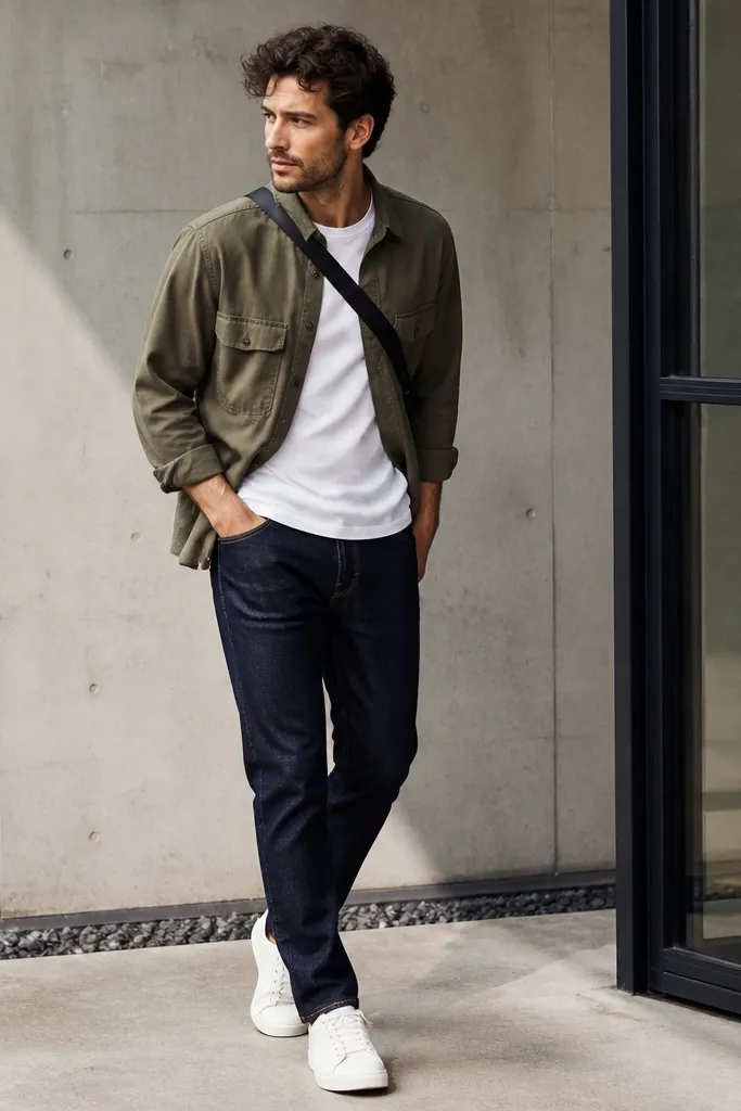 A man wearing an olive overshirt over a crisp white crew-neck tee, paired with deep indigo jeans and clean white sneakers; a crossbody bag strap runs diagonally.