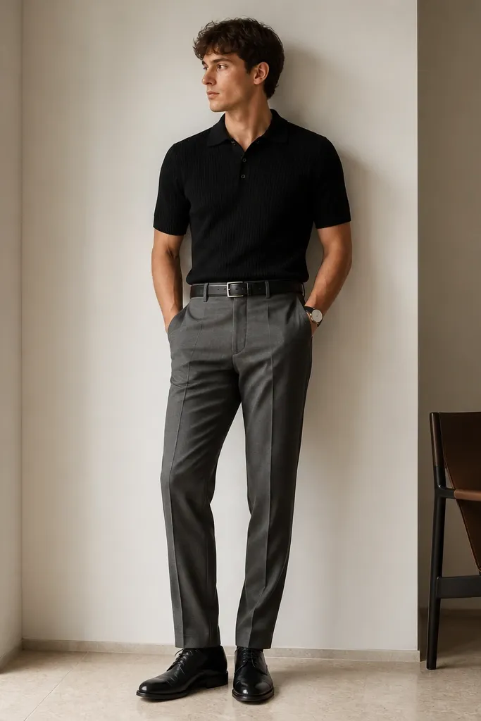 A black ribbed knit polo tucked into gray tailored trousers with a black leather belt; black leather lace-up shoes; a low-key, minimalist wristwatch.
