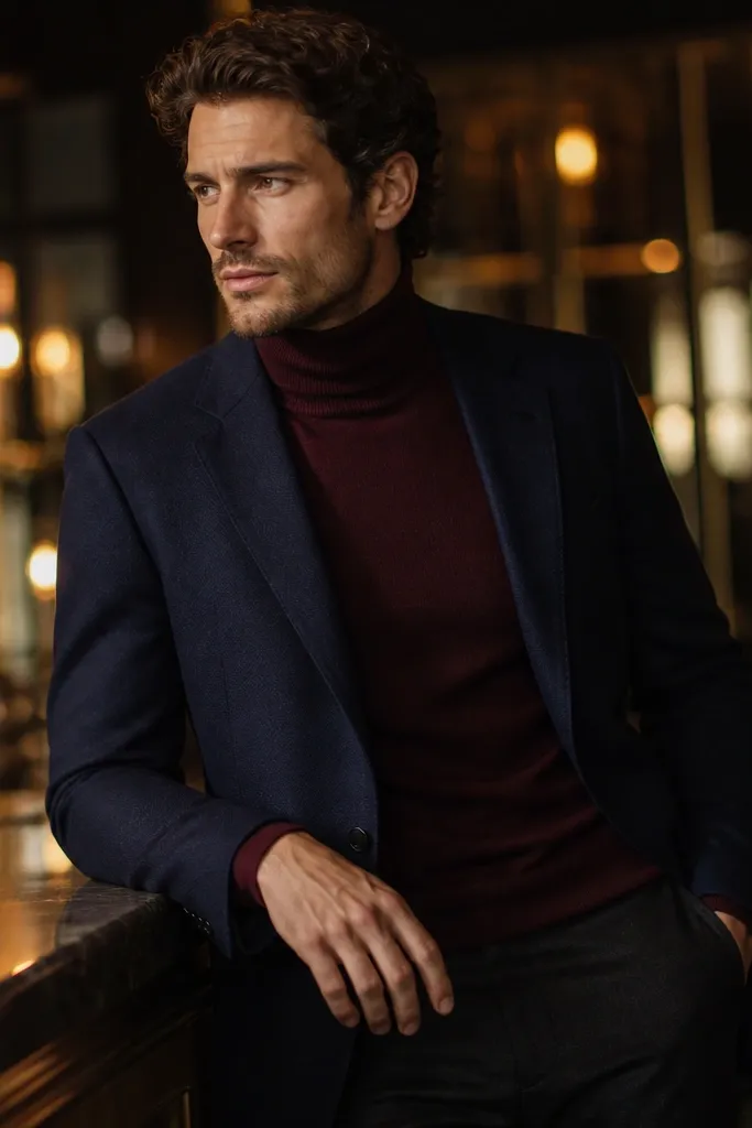 A burgundy turtleneck under a navy blazer, with dark denim or charcoal trousers; the outfit is styled for evening, with a warm glow in the background.