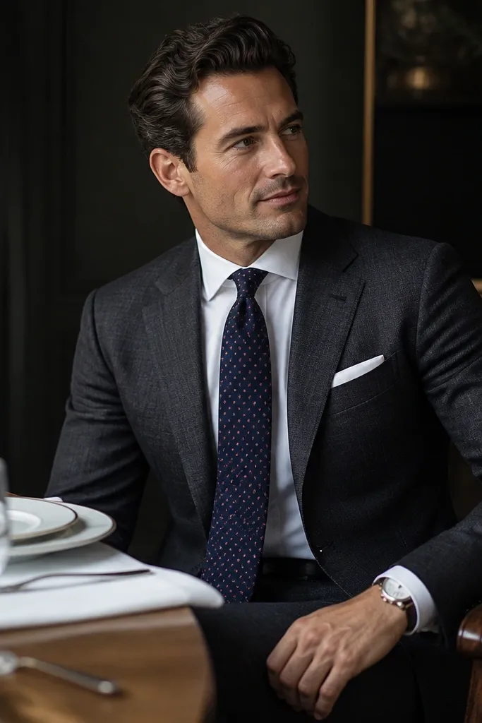 A charcoal suit with a white dress shirt and a patterned tie in deep navy with small burgundy dots; pocket square in white; polished oxford shoes; posed for a dinner table photo.