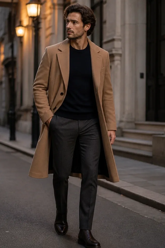 A camel overcoat worn open over a navy crew-neck sweater with slim charcoal trousers and dark leather boots; outdoor street photo with evening light.