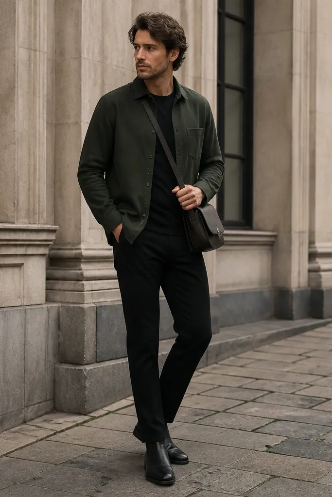 A dark green overshirt over a black crew-neck tee, paired with black chinos and black Chelsea boots; a leather crossbody bag hangs at the hip.