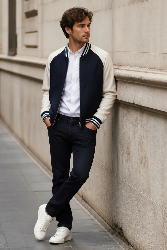 A two-tone bomber jacket with navy and cream panels, worn over a white button-down, with tailored dark jeans and white leather sneakers; the person stands by a city street wall.