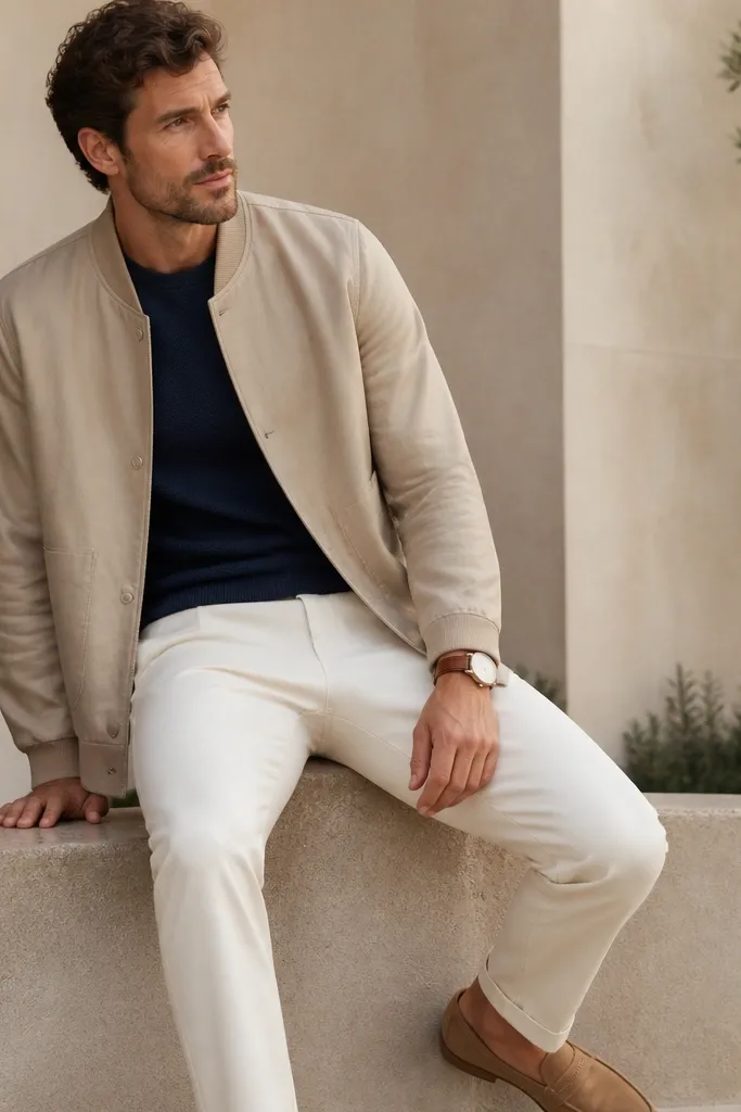 A sand shirt-jacket with bomber-style collar worn over a navy knit tee, paired with off-white chinos and brown leather watch; shoes are tan suede.