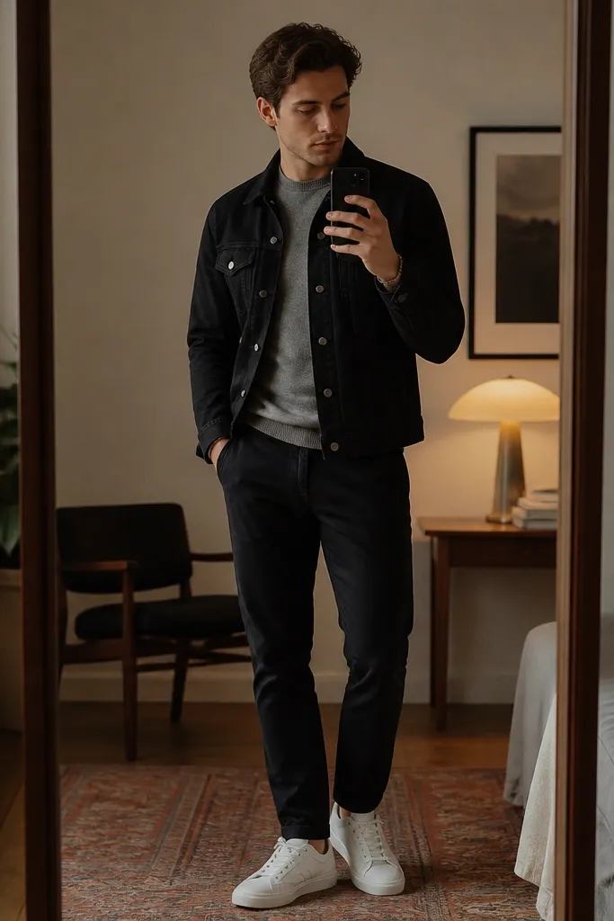 A black denim jacket worn over a medium gray crew-neck sweater, with dark trousers or dark jeans and clean white sneakers; indoor mirror shot with warm lighting.