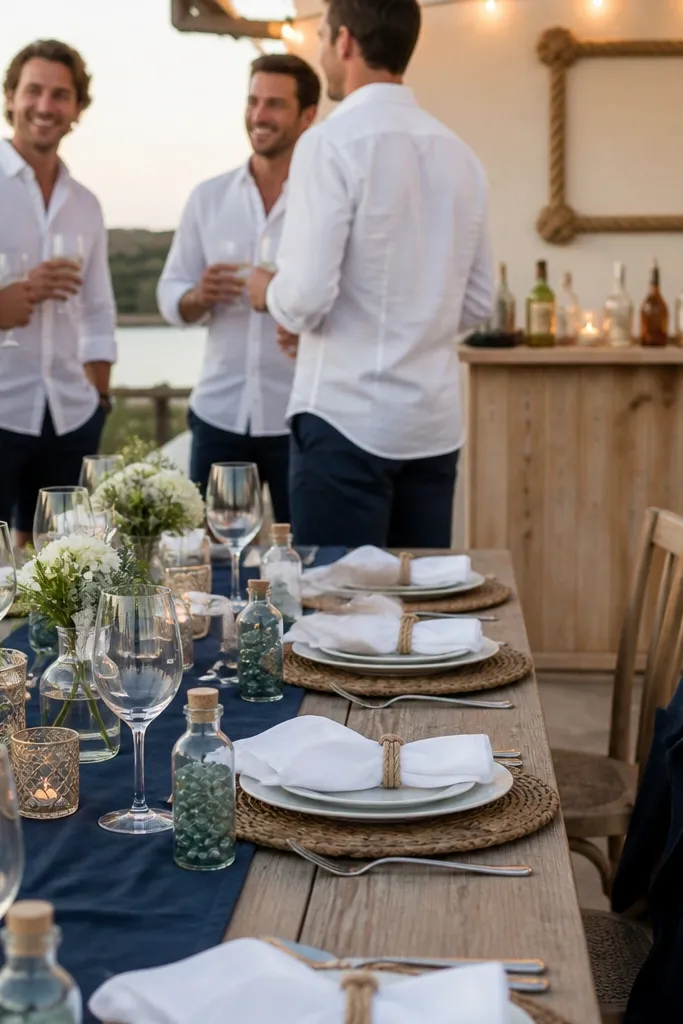 A table set for a men's 30th birthday with a navy table runner, crisp white linen napkins, and small glass bottles filled with sea-glass green marbles. Guests wear white linen shirts with navy shorts, and a navy blazer hangs on a chair. The background shows a simple rope-framed sign and warm string lights over a light wood bar cart.