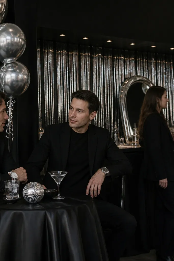A dark lounge-style setup with black satin tablecloths, silver metallic balloons, and a bar area lit with small spotlights. Guests wear black crewnecks under tailored blazers, silver watch faces catching light, and dark trousers. The backdrop is black with silver streamers and a single chrome mirror leaning behind the bar.