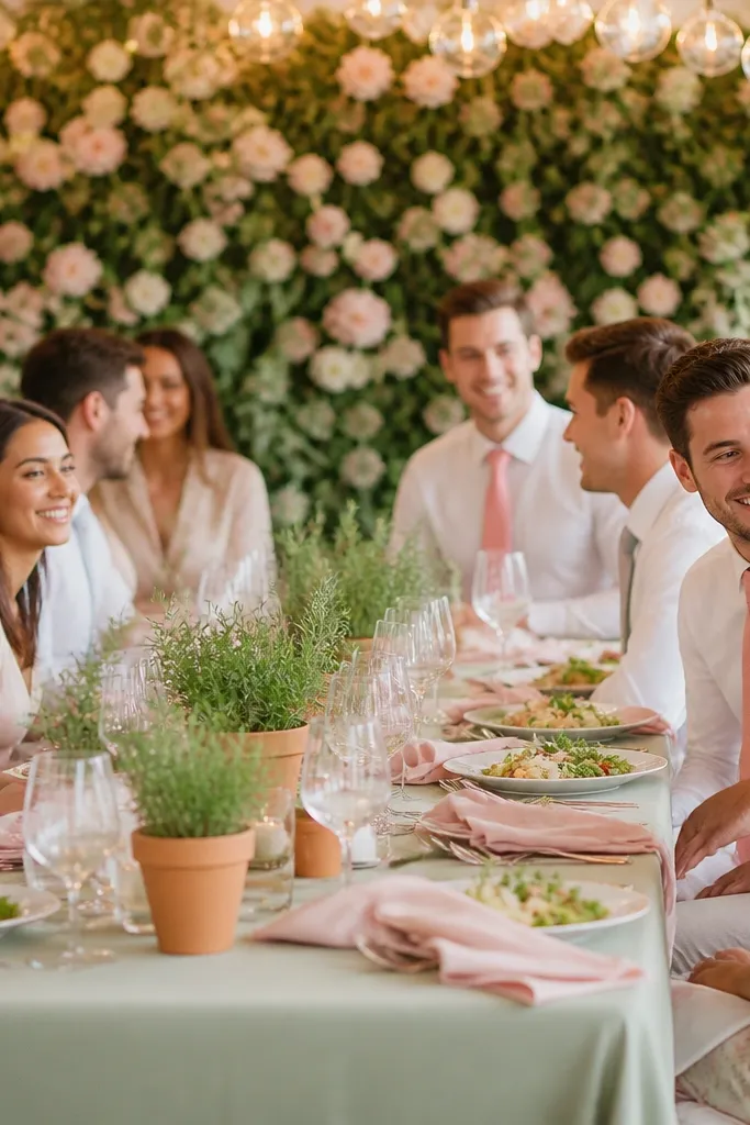 A brunch table with sage-green table linens, blush pink napkins, and small potted herbs as centerpieces. Guests wear light chinos, cream shirts, and a few blush ties. The background has a soft-focus floral wall with green leaves and warm overhead lighting.