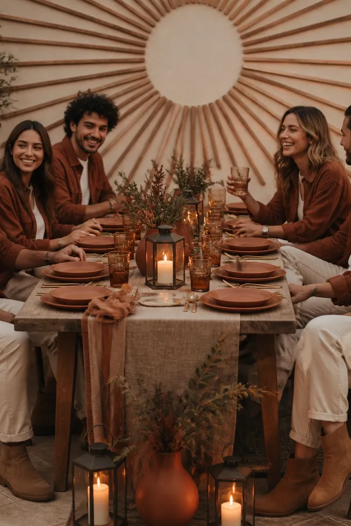 A warm-toned dinner setup with terracotta plates, tan table runner, and low lanterns glowing amber. Guests wear rust-brown overshirts, cream tees, and tan suede boots. The backdrop shows a simple sunburst pattern made from thin wood slats.