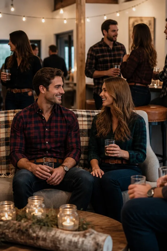 A living-room party scene with a plaid blanket draped over a couch, leather bar stools, and warm string lights. Guests wear flannel shirts, dark jeans, and brown leather belts. A faux log centerpiece sits on the coffee table with small candles in glass jars.