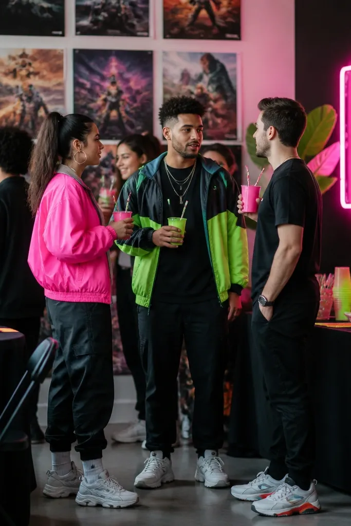 A party setup with black tablecloths, neon pink and green accents, and a wall of game posters. Guests wear black tees, bright track jackets, and chunky sneakers. A neon sign glows above a snack bar with colorful cups and striped straws.