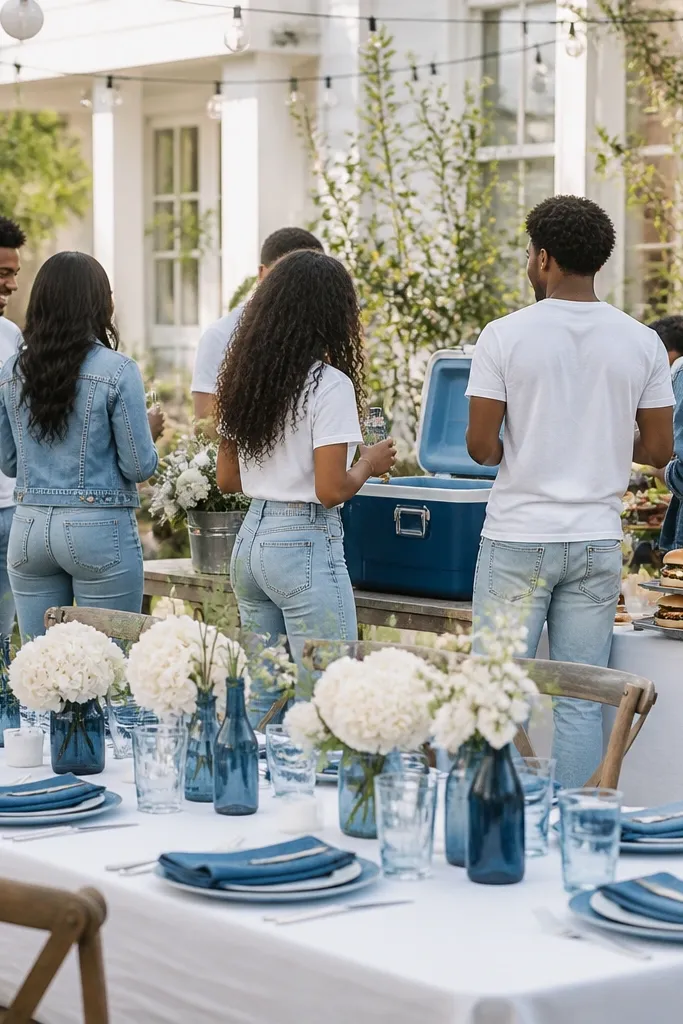 An outdoor BBQ setup with a white tablecloth, denim napkins folded into squares, and blue glass bottles as centerpieces. Guests wear white tees, denim jackets, and light blue jeans. The bar area has a blue cooler with a small sign and neatly stacked burgers trays.