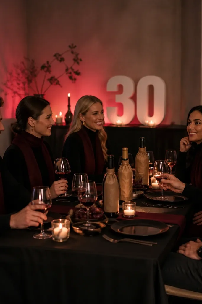 A candlelit dining table with black cloth, burgundy napkins, and wine bottles wrapped in kraft paper. Guests wear black turtlenecks, burgundy scarves, and dark trousers. The background has a soft red glow from LED candles and a simple "30" sign in white.
