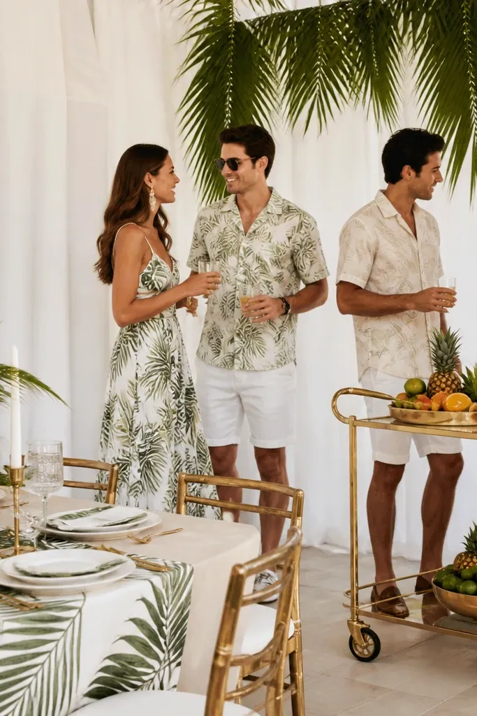 A bright indoor setup with white curtains, palm-leaf printed table runners, and gold accents. Guests wear light shirts with subtle leaf patterns, white shorts, and tan sandals or loafers. A bar cart has tropical fruit on trays and a backdrop of hanging palm fronds.