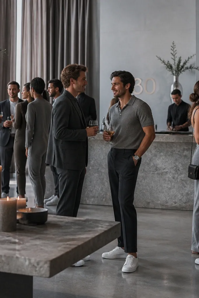 A loft-style party scene with gray curtains, a concrete-looking table, and layered gray candles. Guests wear charcoal suits, gray knit polos, and clean white sneakers. The bar has a gray backdrop with a minimal "30" sign and a single silver vase.