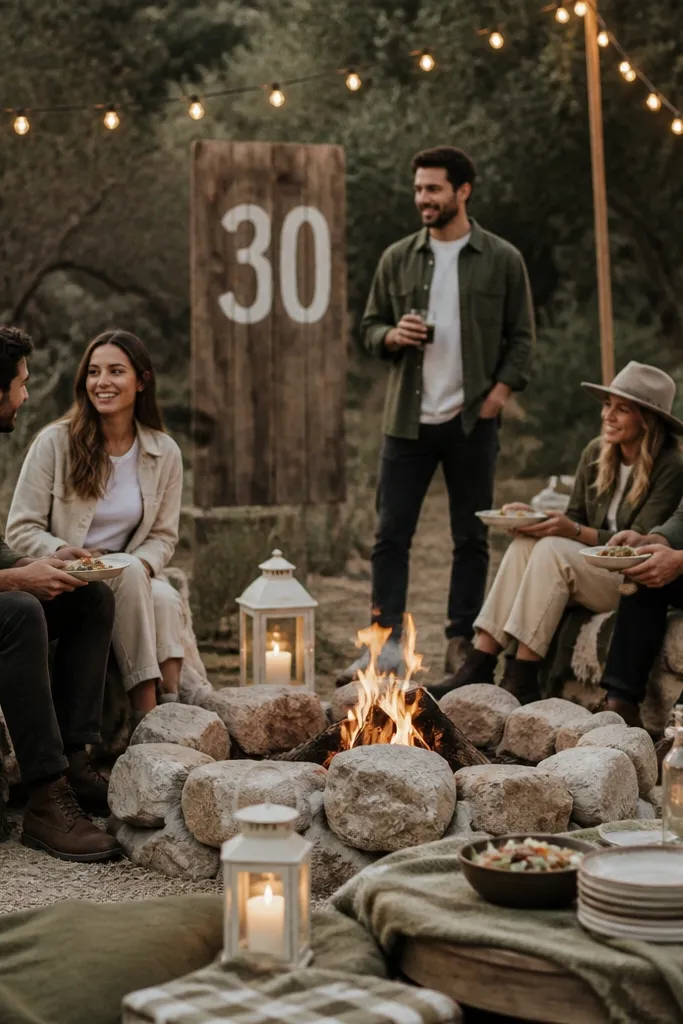 An outdoor fire pit setup with olive-green blankets, cream lanterns, and stoneware plates. Guests wear olive overshirts, cream tees, and boots. The background has string lights and a wooden sign with a simple "30" in white paint.
