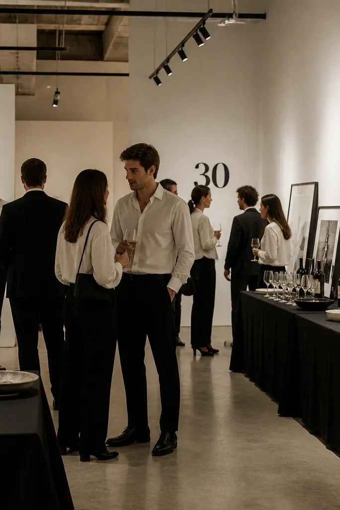 A gallery-style party with off-white walls, black table runners, and framed prints leaning against the wall. Guests wear black trousers, off-white shirts, and a few black blazers. The background has track lighting and a "30" sign in minimalist black lettering.