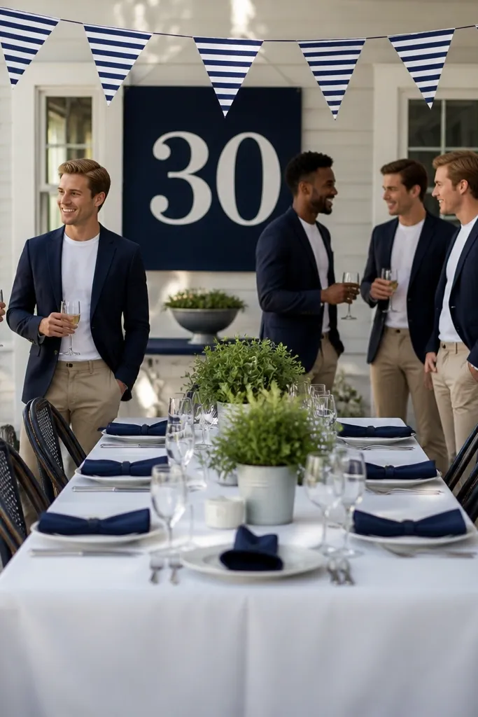A prep-style dinner setup with navy napkins, white plates, and a centerpiece of small potted plants. Guests wear navy blazers over white tees, khaki chinos, and loafers. The backdrop has striped bunting in navy and white and a clean "30" sign.