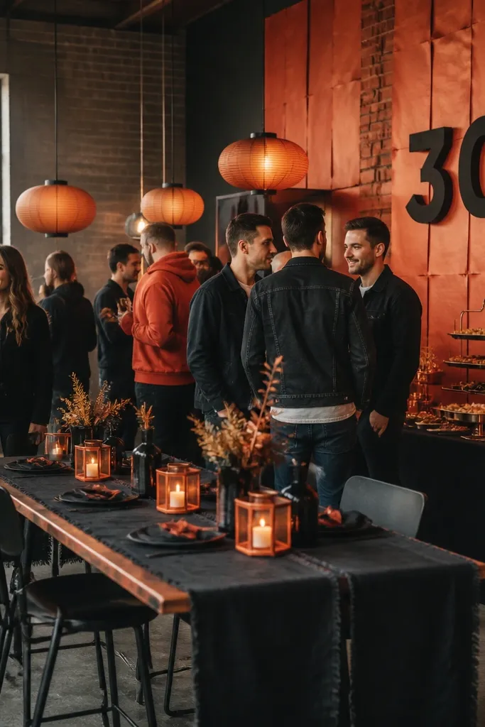 A street-style setup with black denim table runners, burnt orange lanterns, and a wall of brick-colored paper panels. Guests wear black jackets, burnt orange hoodies, and dark jeans. The lighting is warm and low, and a "30" sign sits above a snack bar with copper-toned trays.