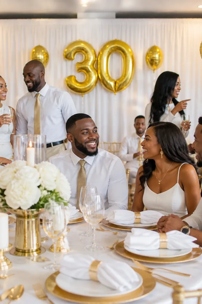 A bright party setup with white table linens, champagne-gold napkin rings, and gold foil balloons. Guests wear white shirts with gold accessories, and a few wear subtle metallic ties. The backdrop is a white curtain with a gold "30" sign and warm overhead lighting.