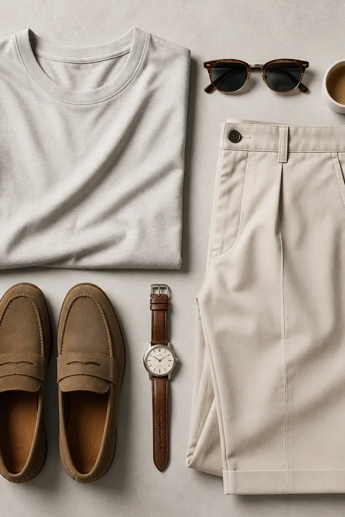 A men's outfit laid flat: a heather gray merino crewneck tee, sand-beige stretch chinos with a tapered ankle, a navy lightweight windbreaker folded beside them, and white low-top sneakers with gum soles. A small carabiner and a simple watch sit on top of the windbreaker.
