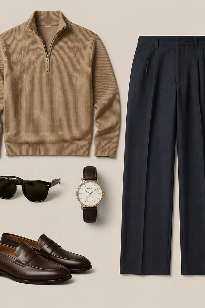 Flat lay of a black quick-dry polo with a subtle sheen, a sage green ripstop overshirt open at the collar, charcoal tapered pants, and dark brown leather desert boots. A pair of sunglasses rests on the overshirt.