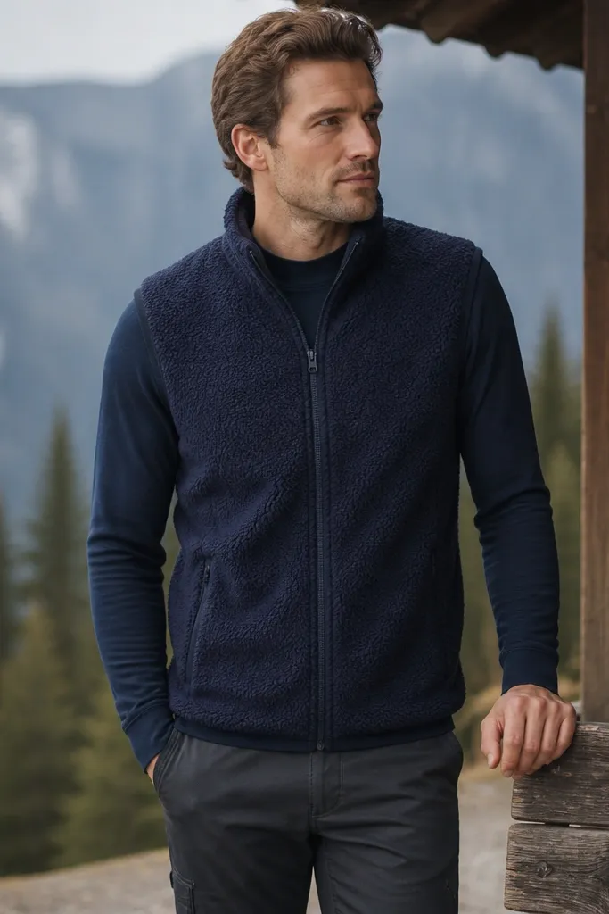 A layered flat lay: navy thermal long-sleeve shirt, heather gray fleece vest, black slim jogger-style pants, and dark sneakers. A knit beanie and a small packable backpack are placed beside the vest.