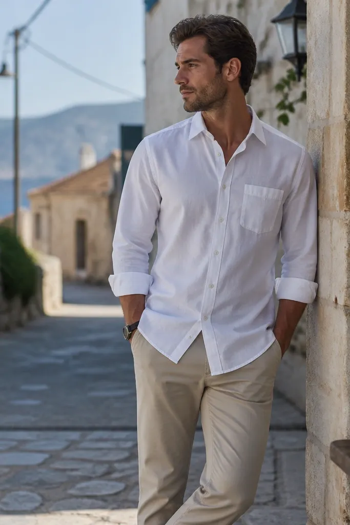 A crisp outfit on a bed: a white oxford long-sleeve shirt with rolled cuffs, a light stone travel chino, a brown leather belt, and dark loafers. A linen pocket square peeks from the shirt pocket area.