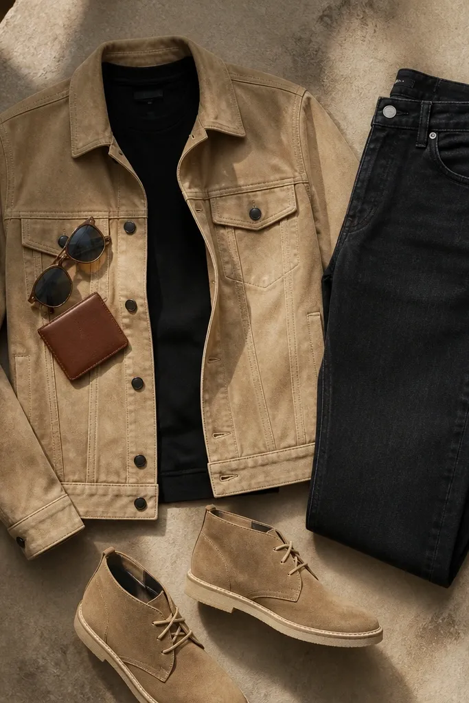 A desert-toned layout: black crewneck tee, sand suede trucker jacket with two chest pockets, dark straight jeans, and tan suede chukka boots. A small leather card holder and sunglasses are placed on the jacket.