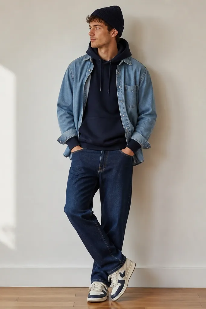 A layered outfit: navy pullover hoodie, light blue denim overshirt worn open, indigo jeans, and white-and-navy sneakers. A knit beanie sits on top of the jeans.