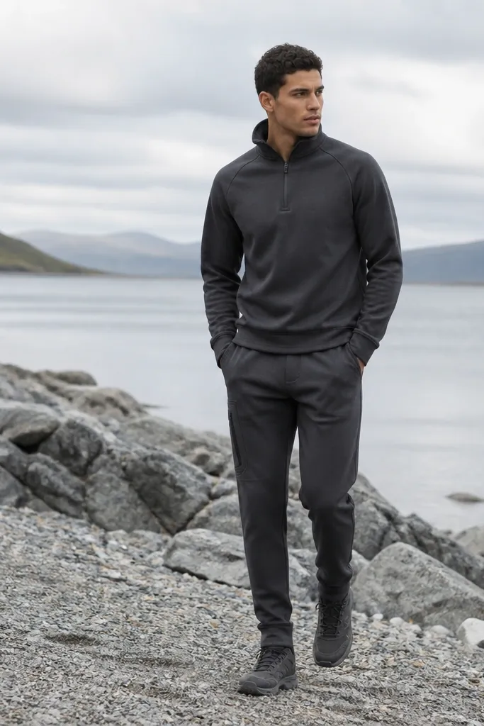 A travel-ready outfit: charcoal quarter-zip tech fleece, black trail joggers with zip pockets, and gray hiking shoes. A small handheld water bottle and a day pack are shown beside the joggers.