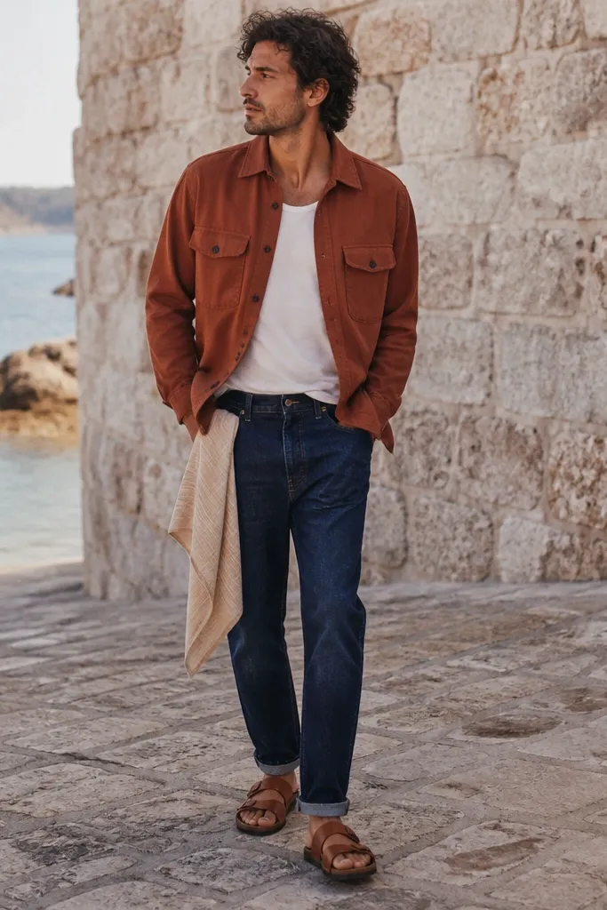 A warm outfit: terracotta overshirt with two chest pockets, a white tank or tee underneath, dark indigo jeans, and brown leather sandals with a strap. A towel is draped over the jeans like it just came from a bag.
