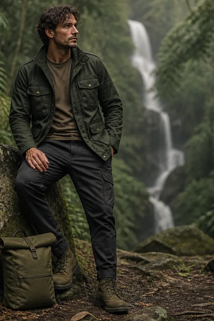 A jungle-style outfit: forest green field jacket with brass buttons, black tapered cargo pants, a moss tee, and olive boots. A small roll-top pack sits behind the boots.