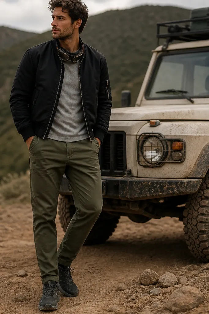 An off-road ready fit: black bomber jacket, olive chore pants with a relaxed thigh and tapered ankle, a gray crewneck tee, and black trail sneakers. A pair of goggles rests on the jacket collar.