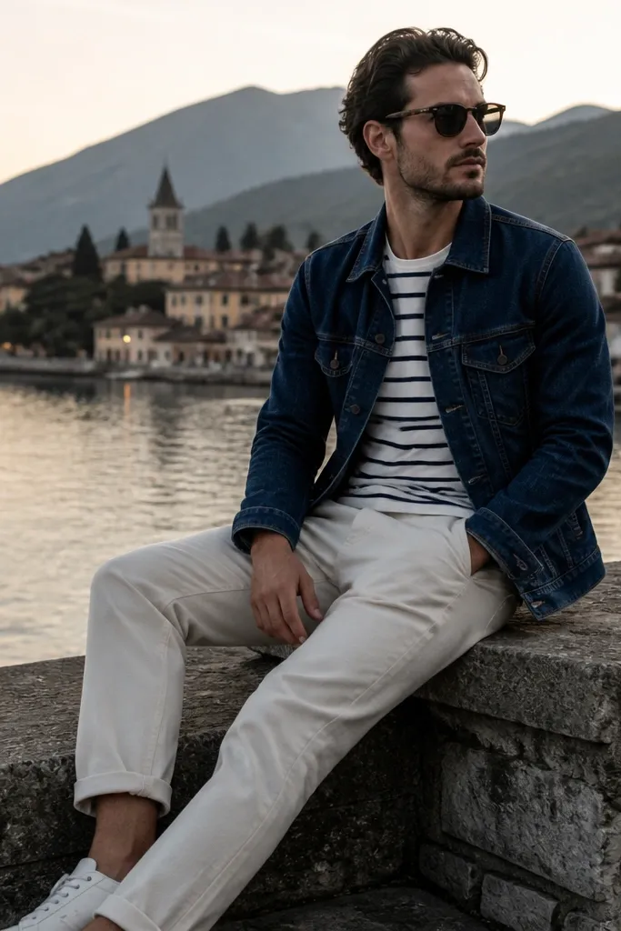 A town outfit: indigo denim jacket, navy-and-white striped tee, black jeans, and dark brown suede lace-up boots. A knit scarf in charcoal is folded on top of the denim jacket.