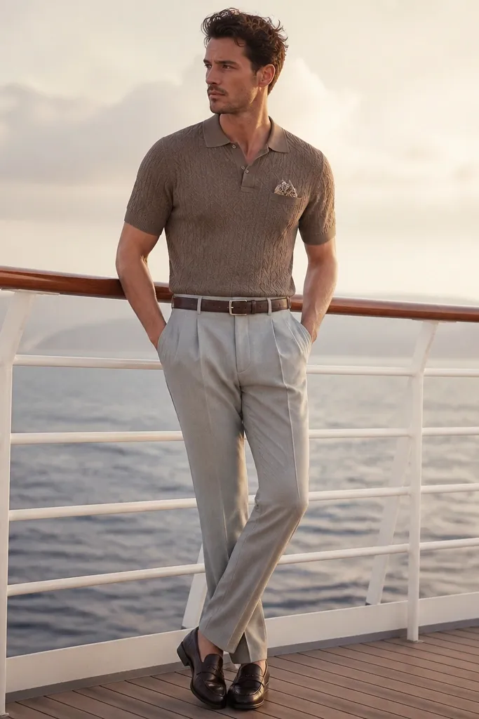 A cruise-style outfit: mocha knit polo with a subtle texture, light gray pleated trousers, a brown leather belt, and dark leather loafers. A small patterned pocket square is tucked into the polo area.