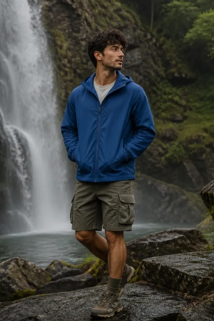 A waterfall-ready layout: cobalt blue lightweight shell jacket with a hood, olive cargo shorts with button flaps, a white quick-dry tee, and black hiking sandals. A small dry sack is shown near the shorts.