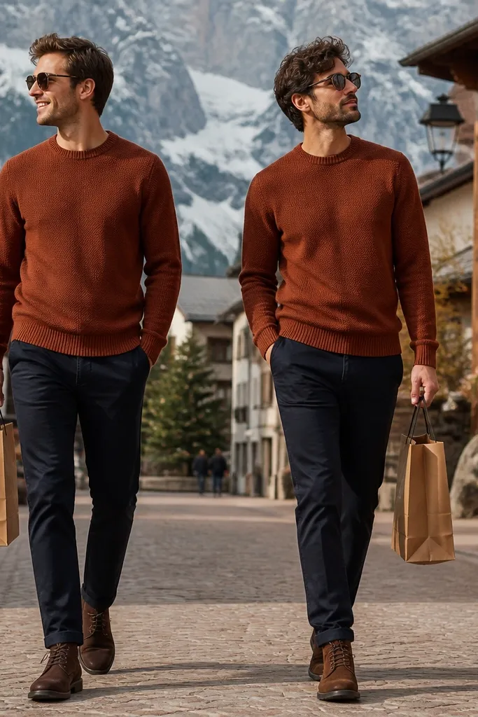 A layered outfit: rust knit sweater, charcoal tee underneath at the collar, dark chinos, and brown leather lace-up boots. A knit cap and a small crossbody bag are placed beside the boots.