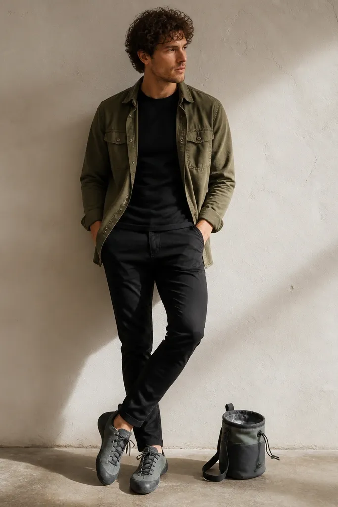 A climbing-city outfit: olive overshirt, black fitted tee, black tapered jeans, and gray climbing-style sneakers. A chalk bag sits as a prop near the sneakers.