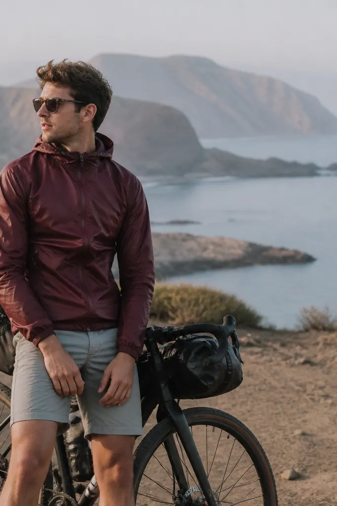 A bikepacking setup: burgundy lightweight windbreaker, light gray breathable shorts, a white athletic tee, and black running shoes. A handlebar bag and a bike helmet are visible behind the clothing.