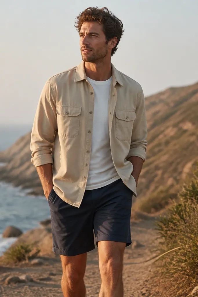 A beach dinner outfit on a towel: sand chore shirt with a relaxed collar, navy shorts, a white tee peeking at the neckline, and tan leather sneakers. A simple linen tote is beside the shoes.