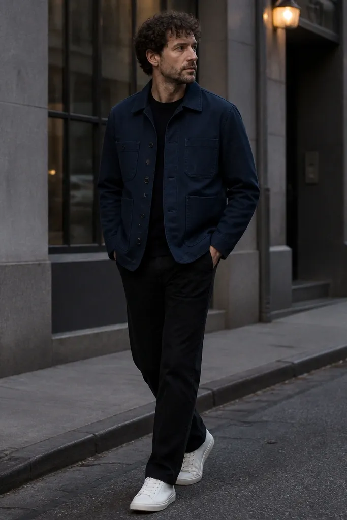 A man wearing a navy chore jacket with four front pockets over a dark crewneck. He pairs it with straight black denim and white low-top sneakers. The scene is a city sidewalk with gray tones and evening street lighting.