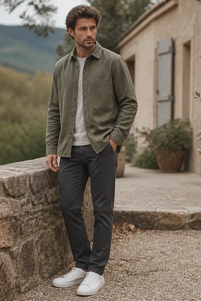 A man stands in a casual outdoor setting wearing an olive overshirt with a button-down front. He has dark charcoal chinos and clean white sneakers. The overshirt looks slightly textured, with visible stitching and a relaxed fit.